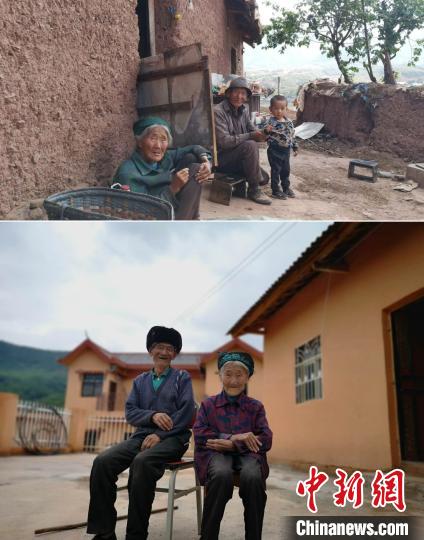 上圖為甲甲溝村村民羅木你坡夫婦所住的舊房，下圖為夫婦倆遷入的新居。(拼版圖) 張浪 攝